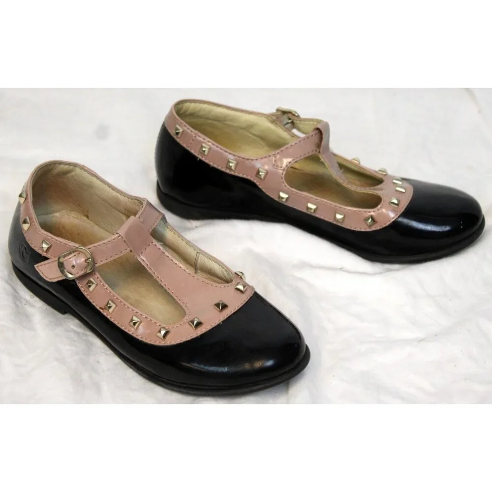 Naturino Black Brown 2-tone Dance Dress Shoes sz 12-12.5 Studded T-Strap Buckle